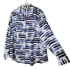 Jones New York Sport Women's‎ Size 3X Blue Abstract Roll Tab Cotton Button Front